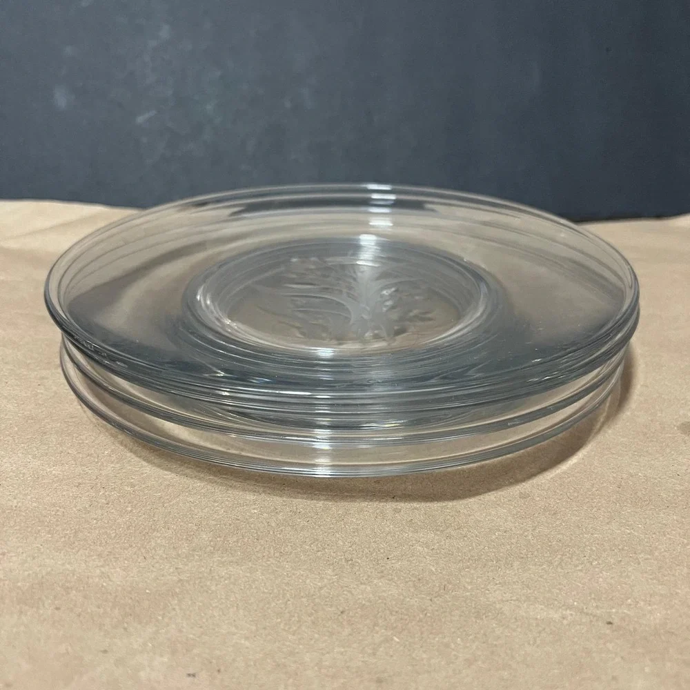 Vintage Clear Glass Saucers Etched Floral Set‎ of 4 8.5 in Americana botanical